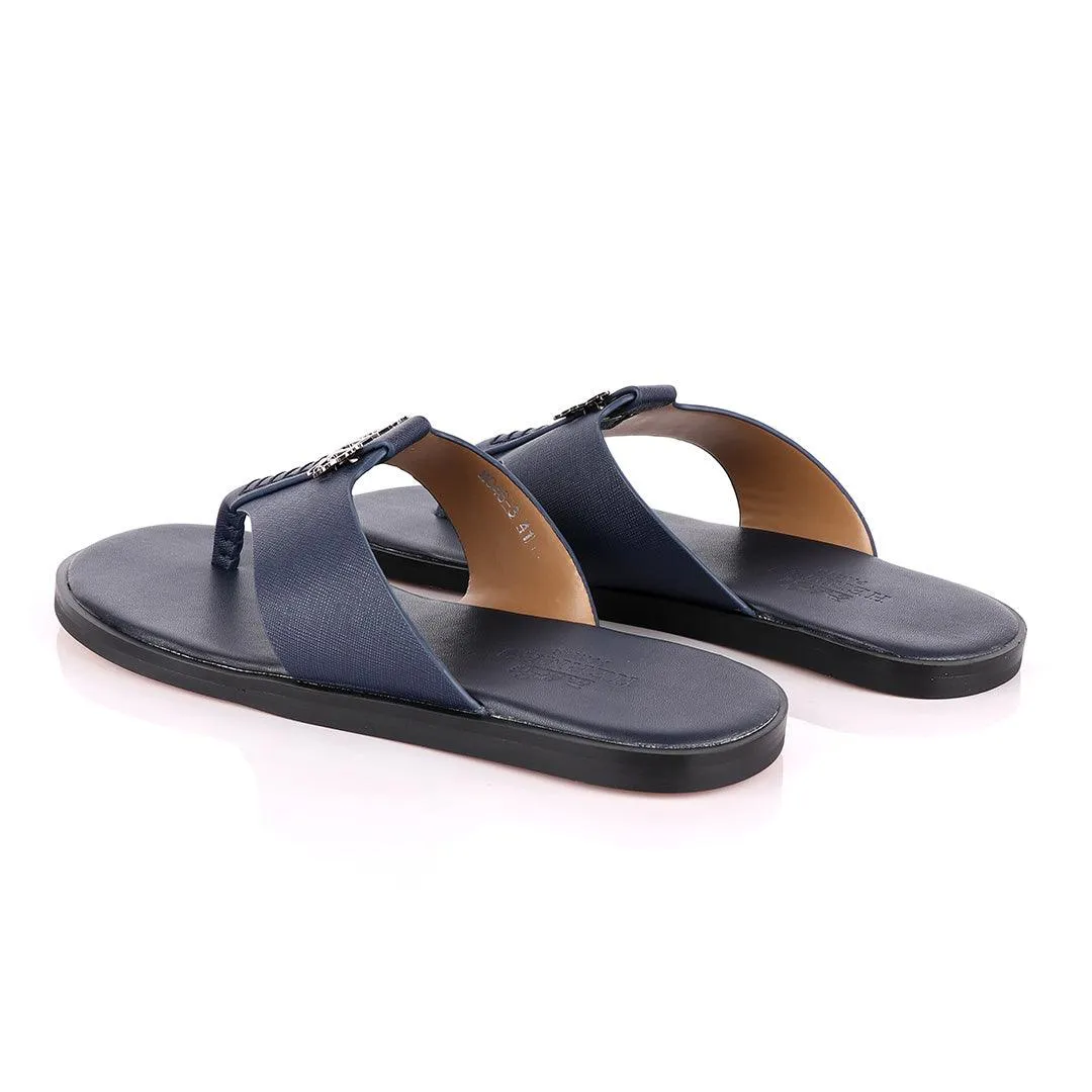 Hermes Paris With Logo Blue Leather Slippers