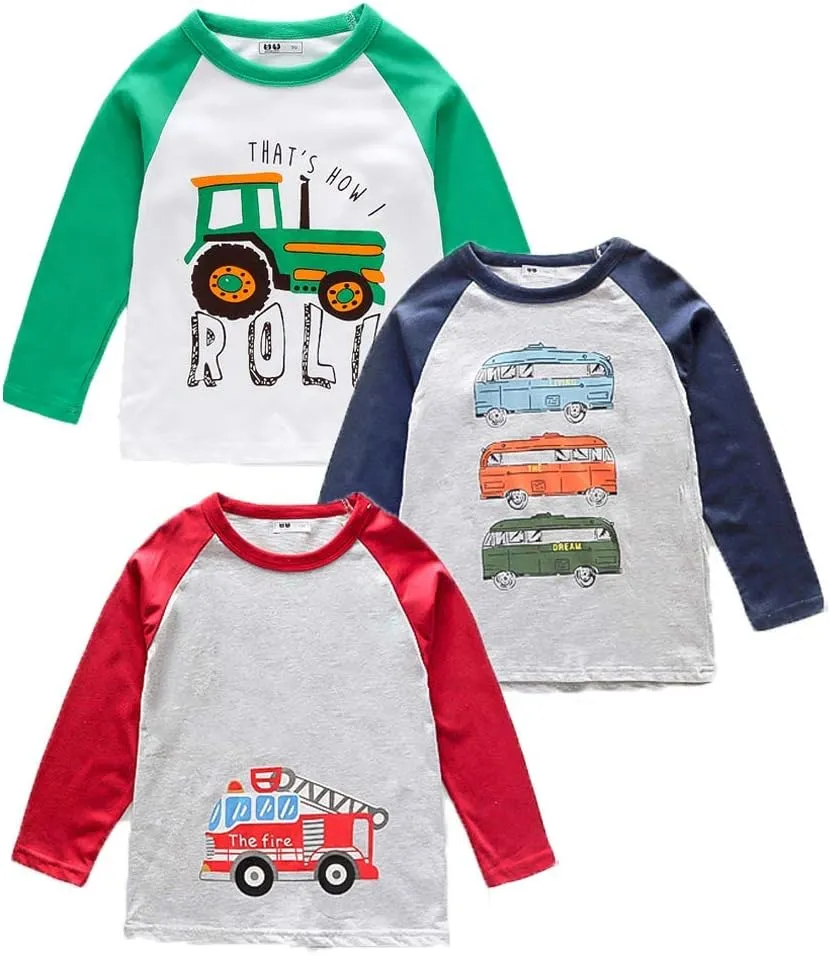 HZXVic Boys Long Sleeve Shirts Toddler T-Shirts Cotton Kids Crewneck Tops Graphic Tee 3-Pack