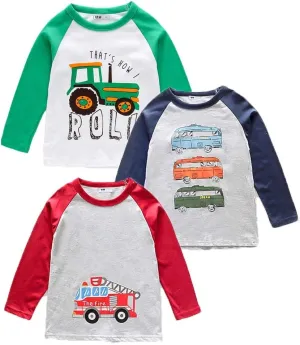 HZXVic Boys Long Sleeve Shirts Toddler T-Shirts Cotton Kids Crewneck Tops Graphic Tee 3-Pack