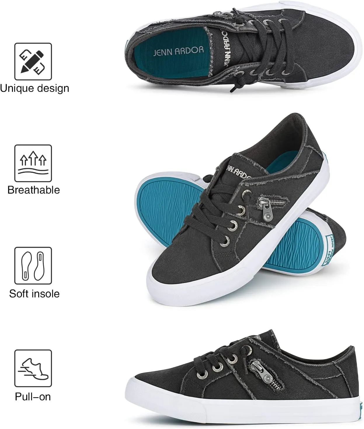 JENN ARDOR Women's Fashion Slip on Sneakers Tennis Shoes Non Slip Casual Canvas Shoes for Women Comfortable Walking Shoes Low Top Sneakers Flats with Zipper