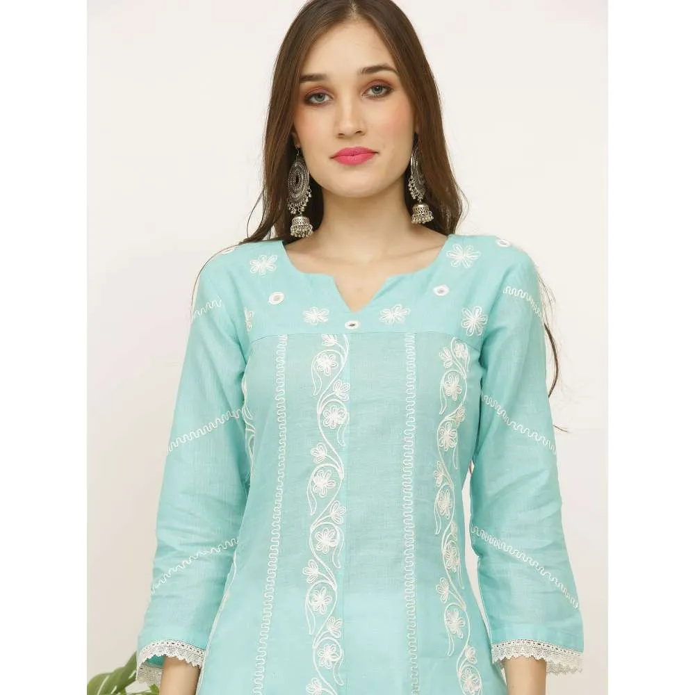 Kaanchie Nanggia Blue Embroidery Pure Cotton Kurta
