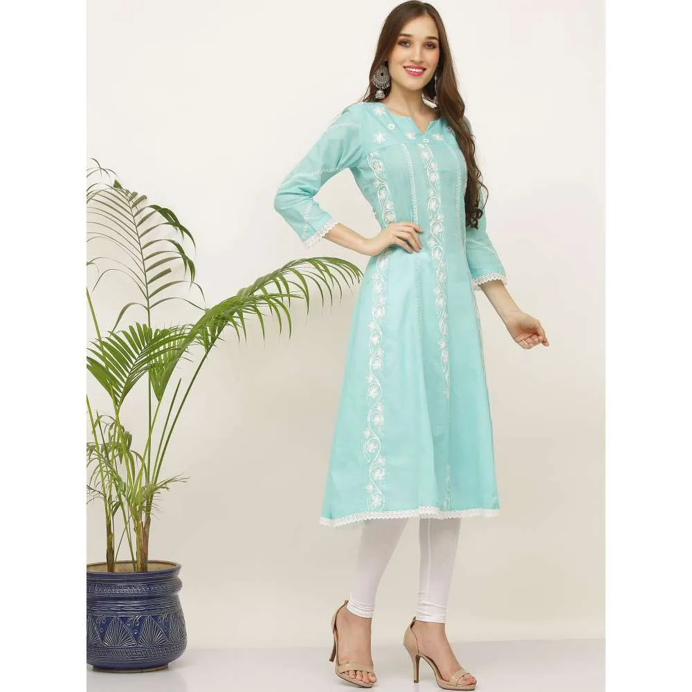 Kaanchie Nanggia Blue Embroidery Pure Cotton Kurta