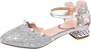 Little Girls Low Heel Sandals Fashion Summer Close Toe Sandals Ribbed Wedding Party Toddler Dress (Silver, 3 Big Kids)