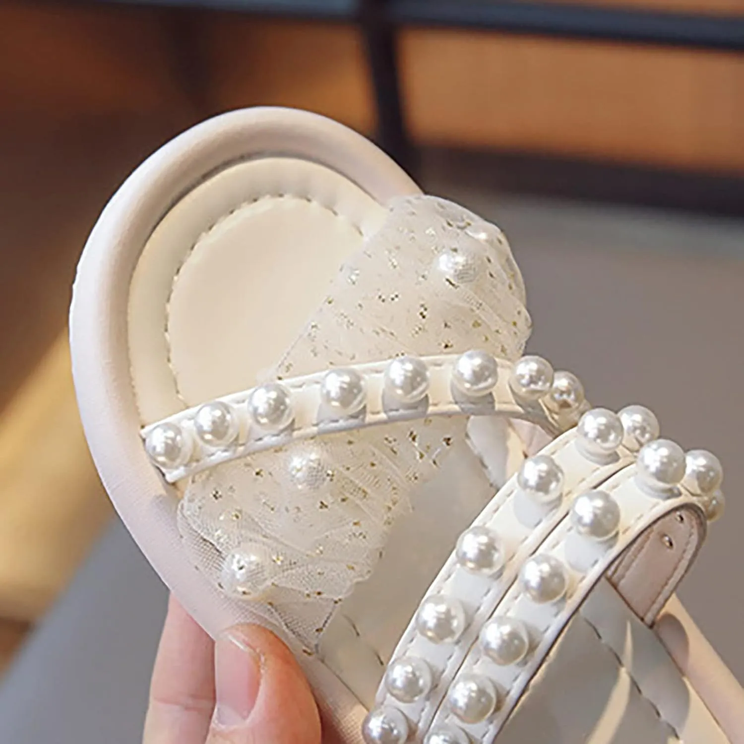 Little Girls Summer Outdoor Sandals Pearl Lace Style Princess Shoes Soft Bottom Non Slip Beach Dress Shoes