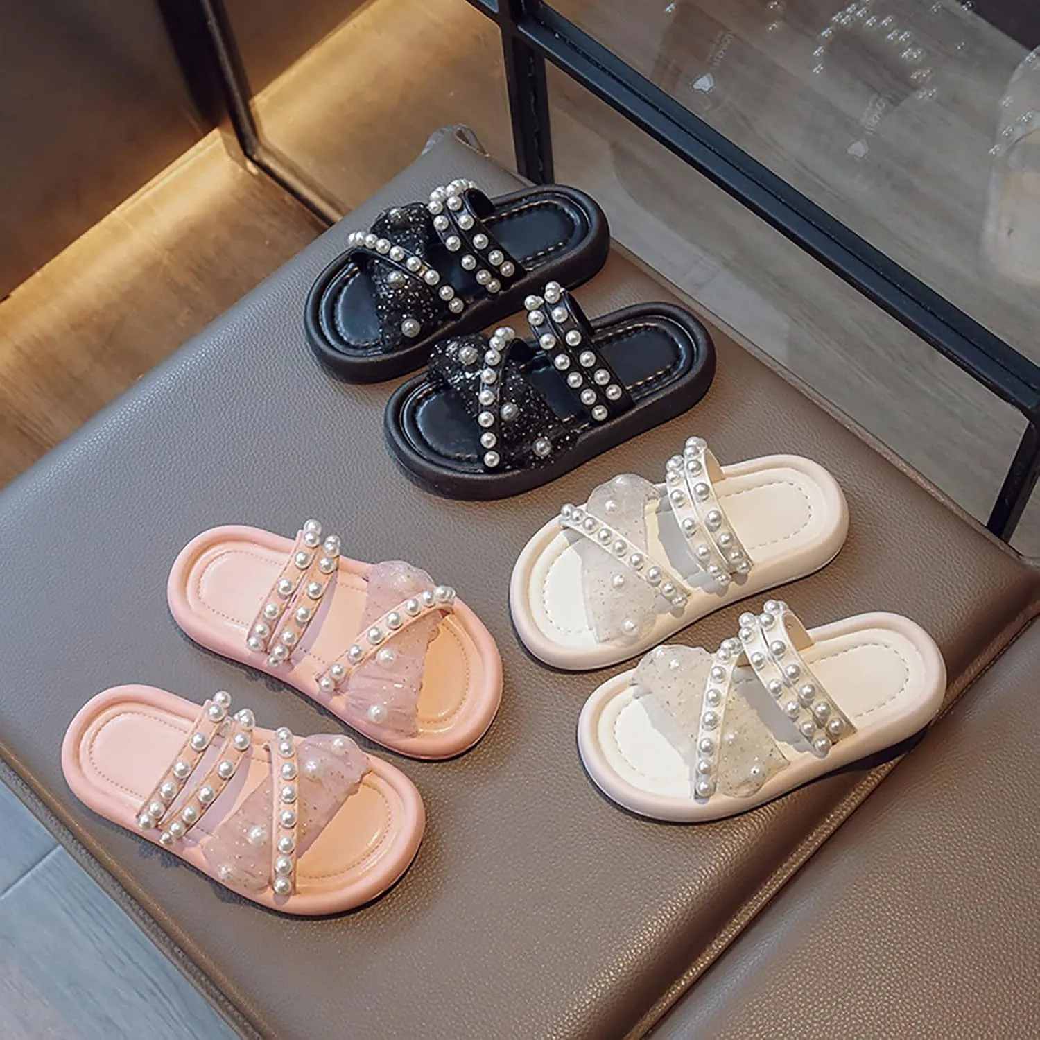 Little Girls Summer Outdoor Sandals Pearl Lace Style Princess Shoes Soft Bottom Non Slip Beach Dress Shoes