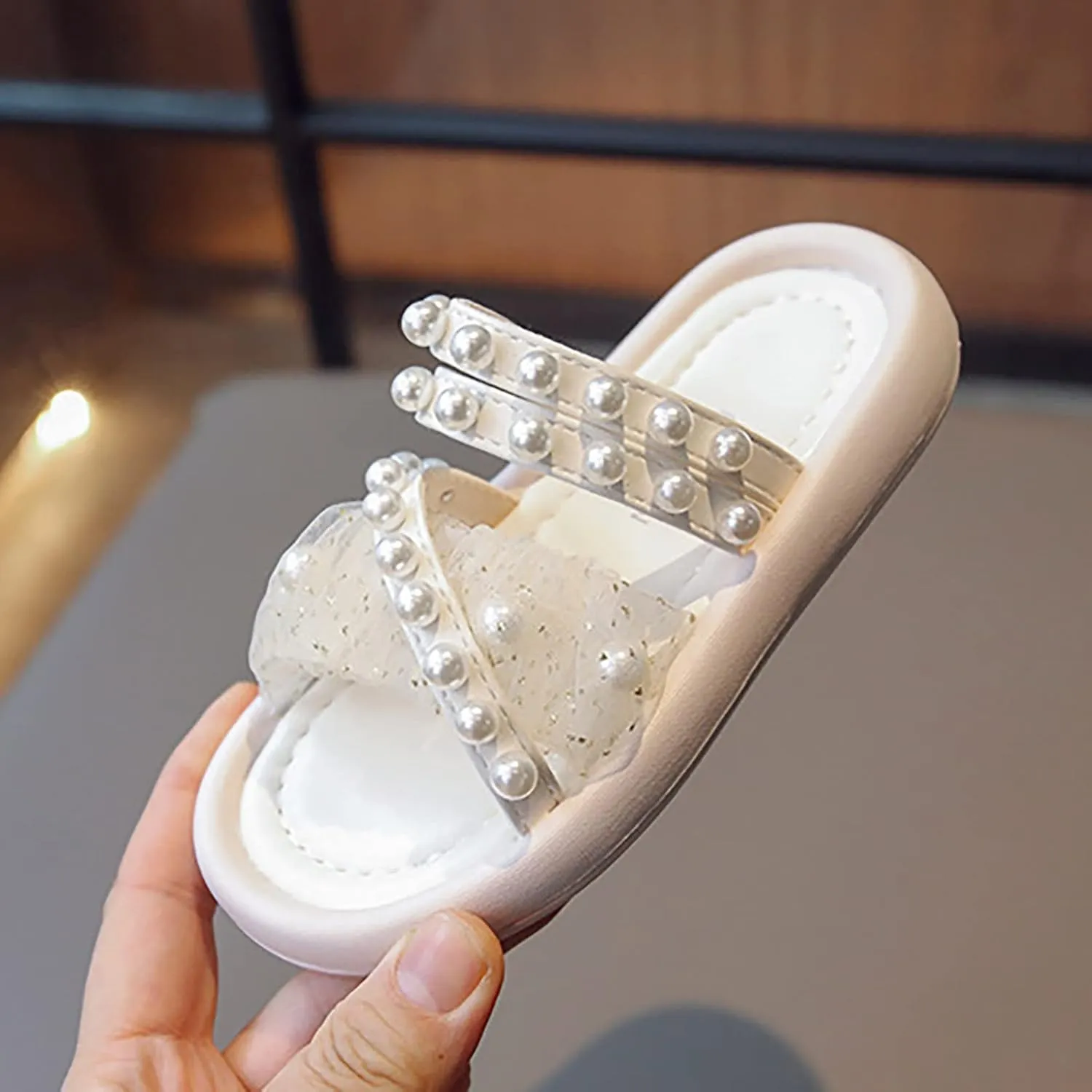 Little Girls Summer Outdoor Sandals Pearl Lace Style Princess Shoes Soft Bottom Non Slip Beach Dress Shoes