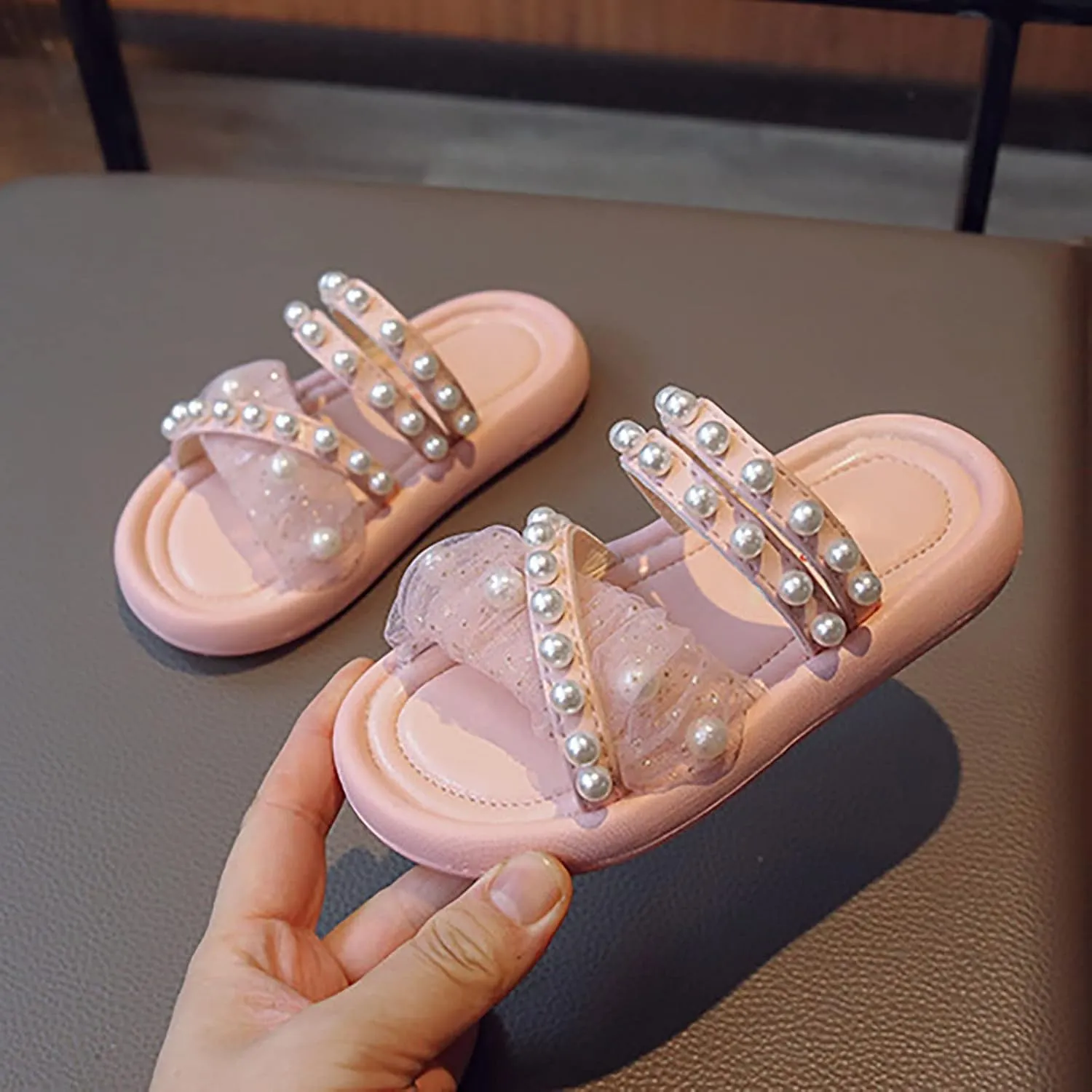 Little Girls Summer Outdoor Sandals Pearl Lace Style Princess Shoes Soft Bottom Non Slip Beach Dress Shoes