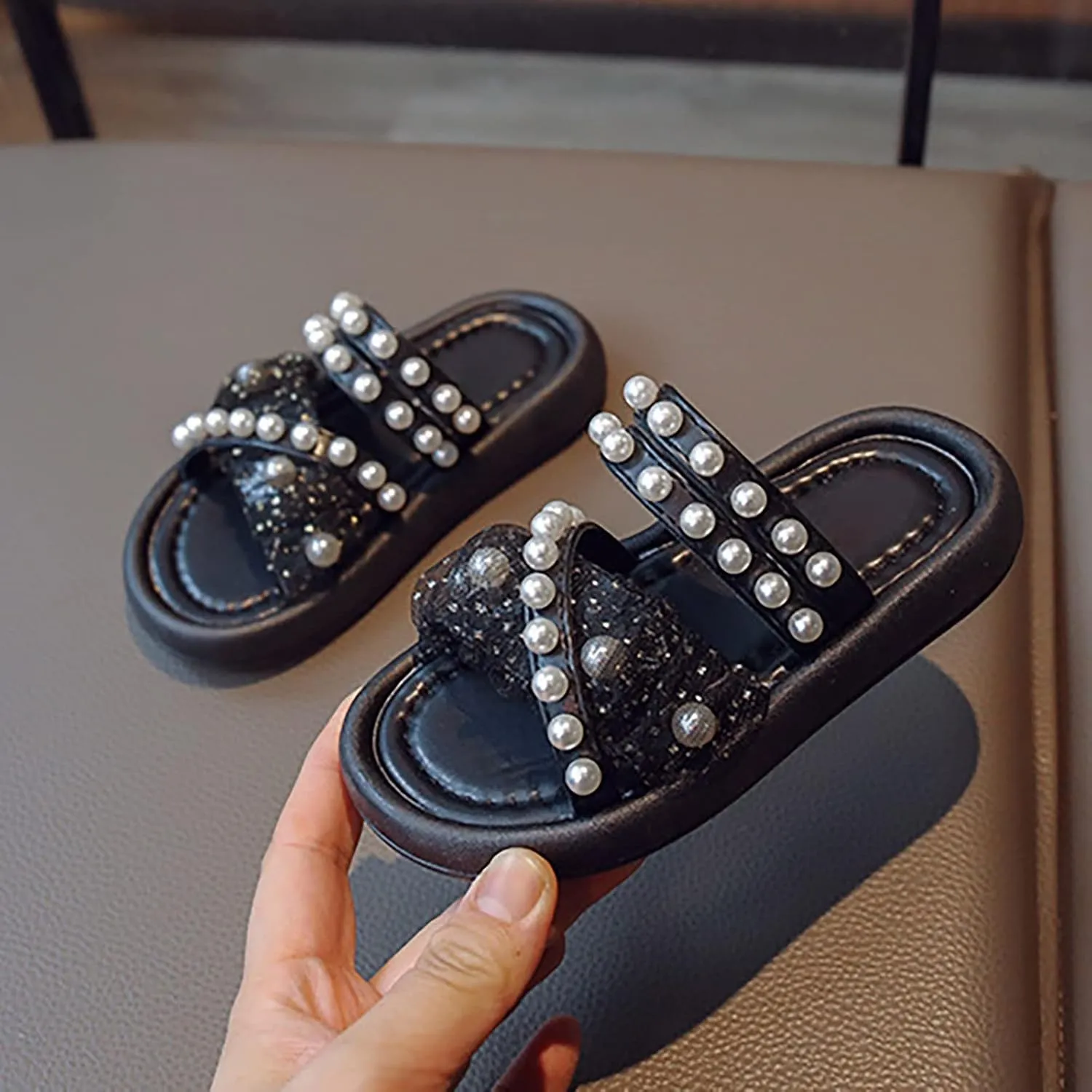 Little Girls Summer Outdoor Sandals Pearl Lace Style Princess Shoes Soft Bottom Non Slip Beach Dress Shoes
