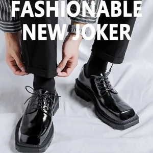 Men's Leather Platform Oxfords Fashion Square Toe Lace Up Lug Sole Business Office Dress Shoes Casual Non-Slip Low Block Heel Work Shoes