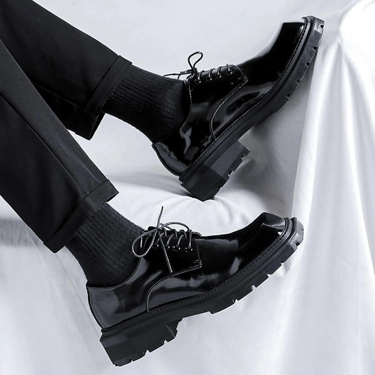 Men's Leather Platform Oxfords Fashion Square Toe Lace Up Lug Sole Business Office Dress Shoes Casual Non-Slip Low Block Heel Work Shoes