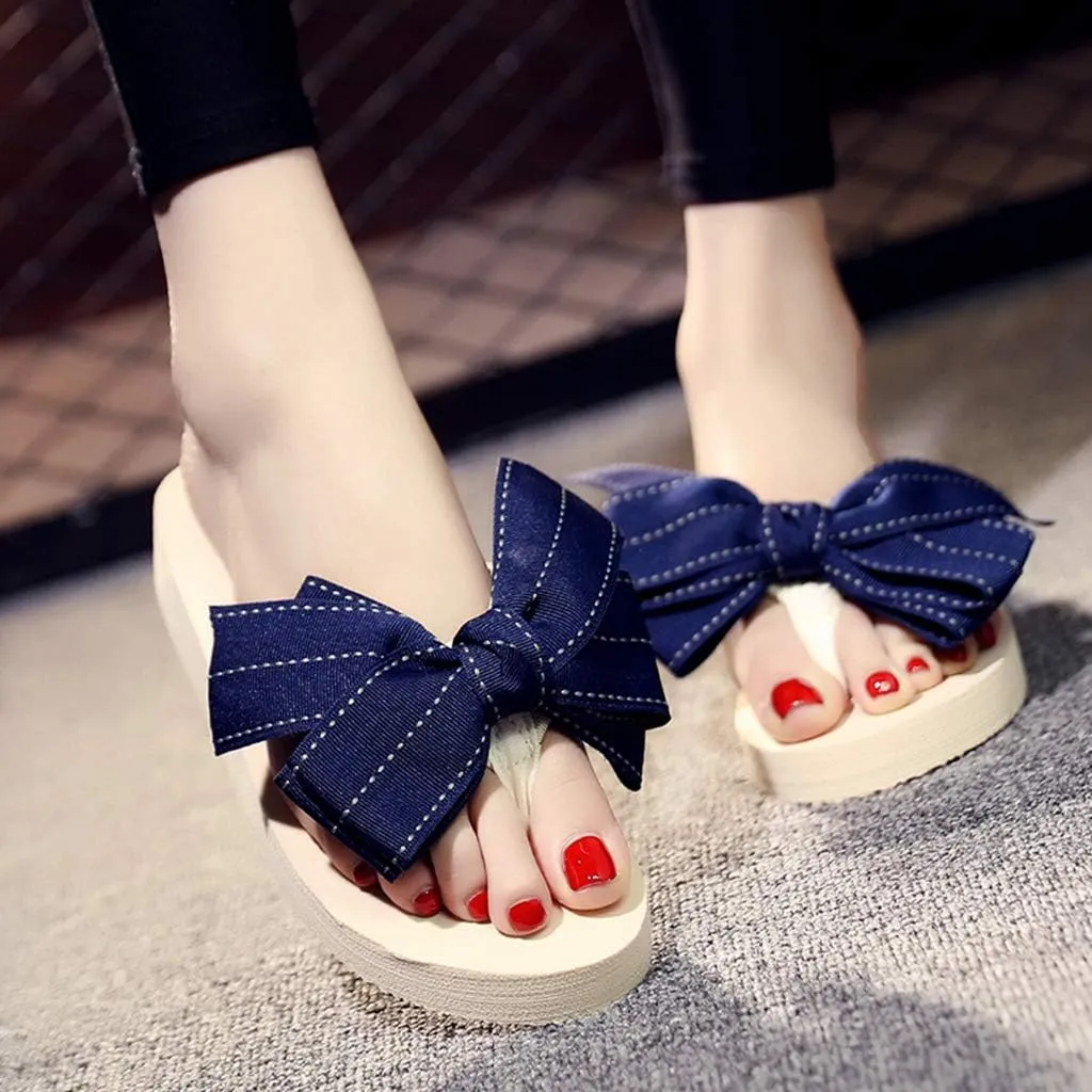 MIOKE Women's Bow Tie Flat Platform Flipflops Summer Fashion Comfort Nonslip Outdoor Beach Thong Sandals
