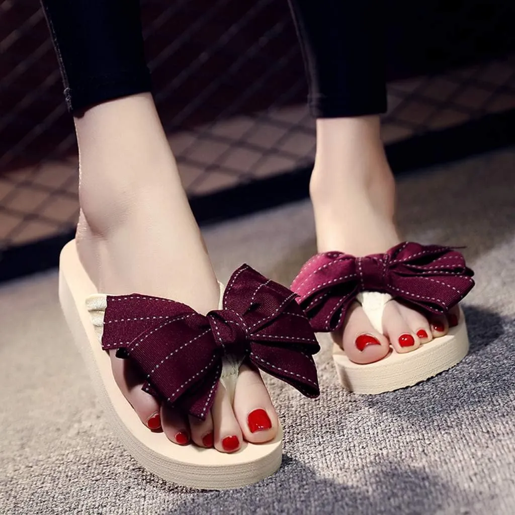 MIOKE Women's Bow Tie Flat Platform Flipflops Summer Fashion Comfort Nonslip Outdoor Beach Thong Sandals