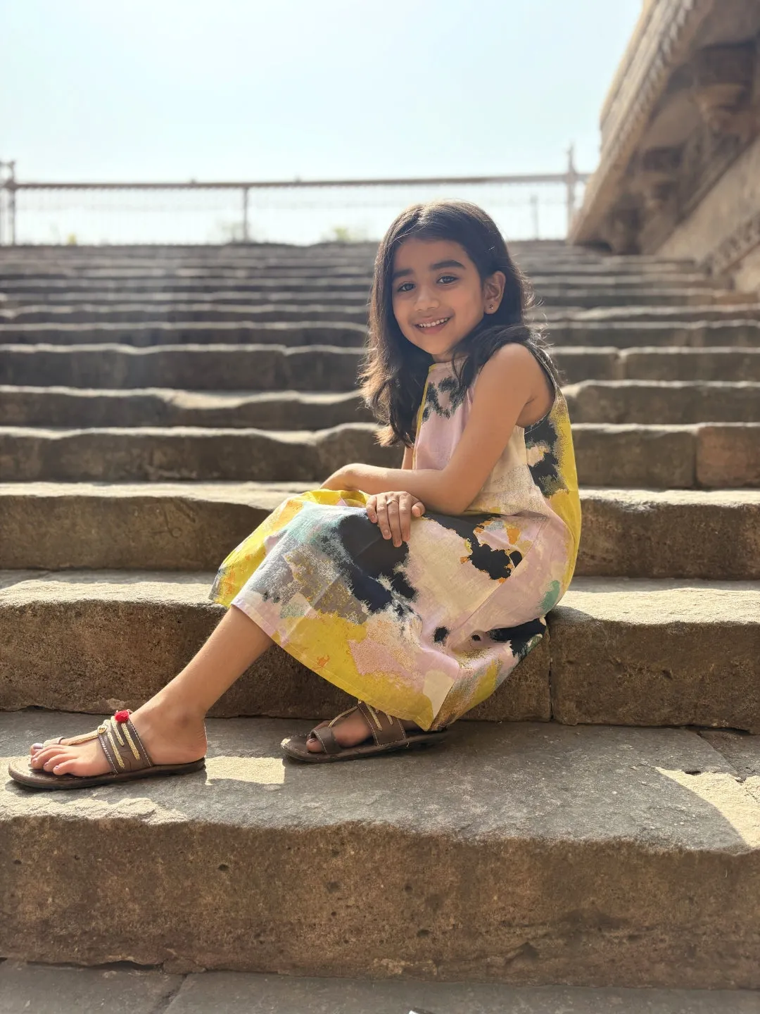Multicolor Printed A-Line Sleeveless Cotton Dress