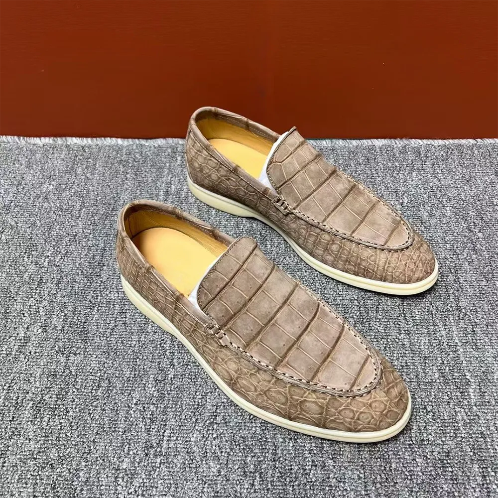 Nubuck Crocodile Shoes Men's Crocodile Leather Loafers Slip-On Dress Shoes Very Comfortable Beige