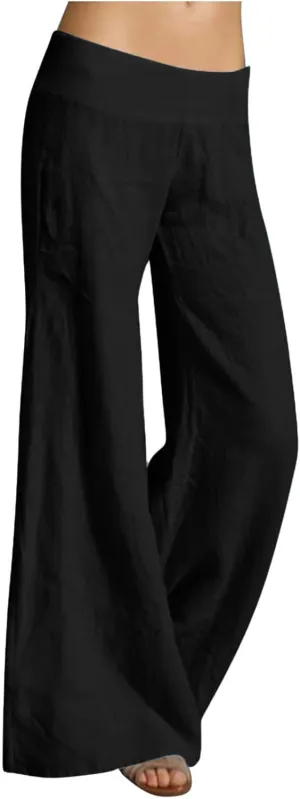 Palazzo Pants for Women Casual Boho Linen Trousers Elastic High Waist Beach Summer Travel Lounge Pants with Pockets