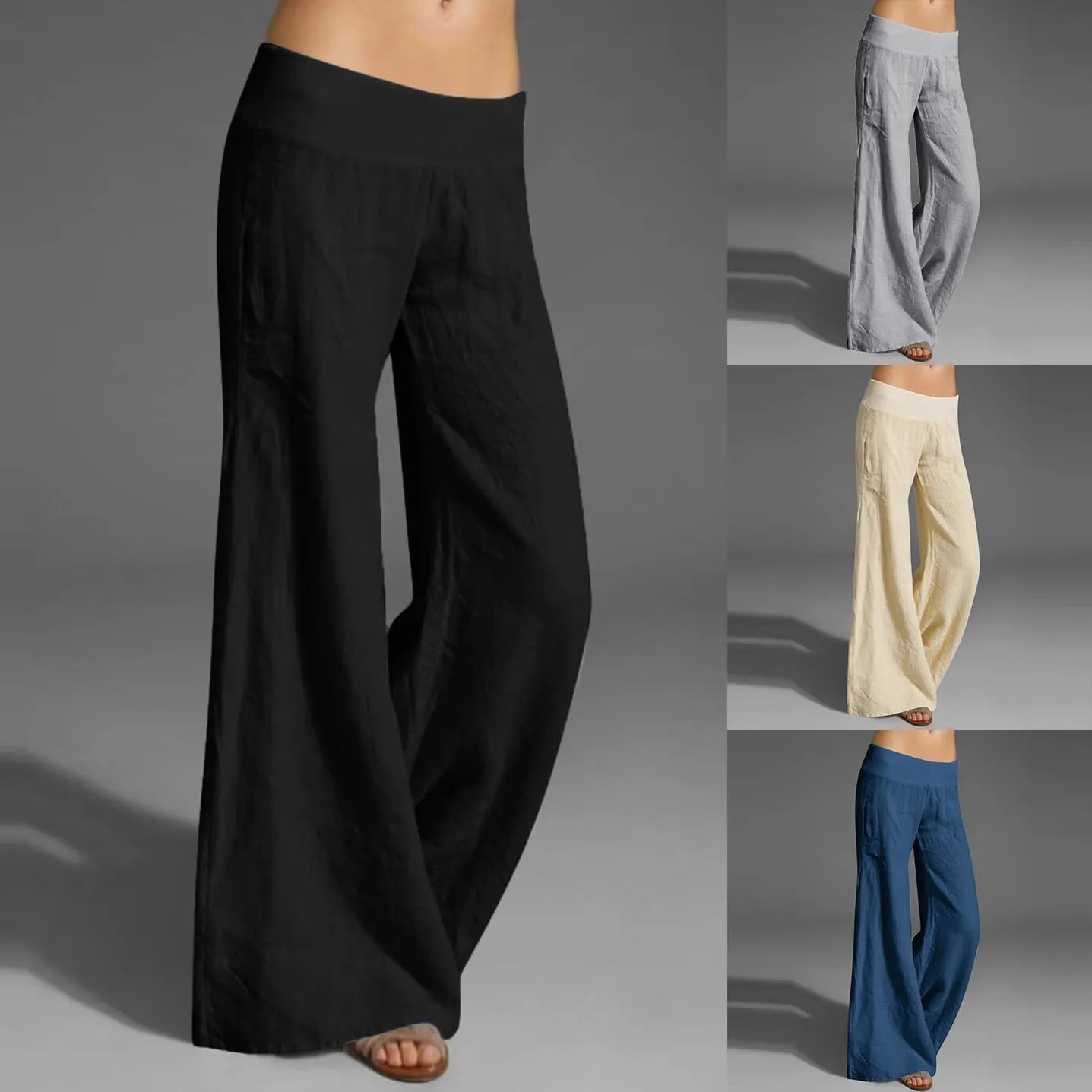 Palazzo Pants for Women Casual Boho Linen Trousers Elastic High Waist Beach Summer Travel Lounge Pants with Pockets