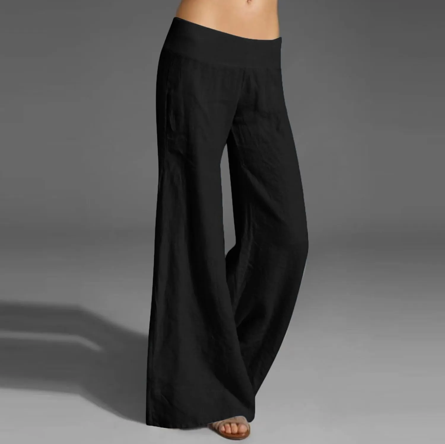 Palazzo Pants for Women Casual Boho Linen Trousers Elastic High Waist Beach Summer Travel Lounge Pants with Pockets