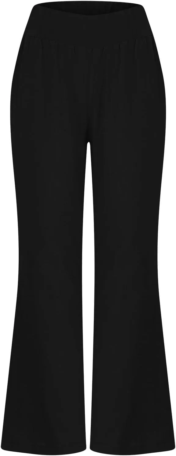 Palazzo Pants for Women Casual Boho Linen Trousers Elastic High Waist Beach Summer Travel Lounge Pants with Pockets