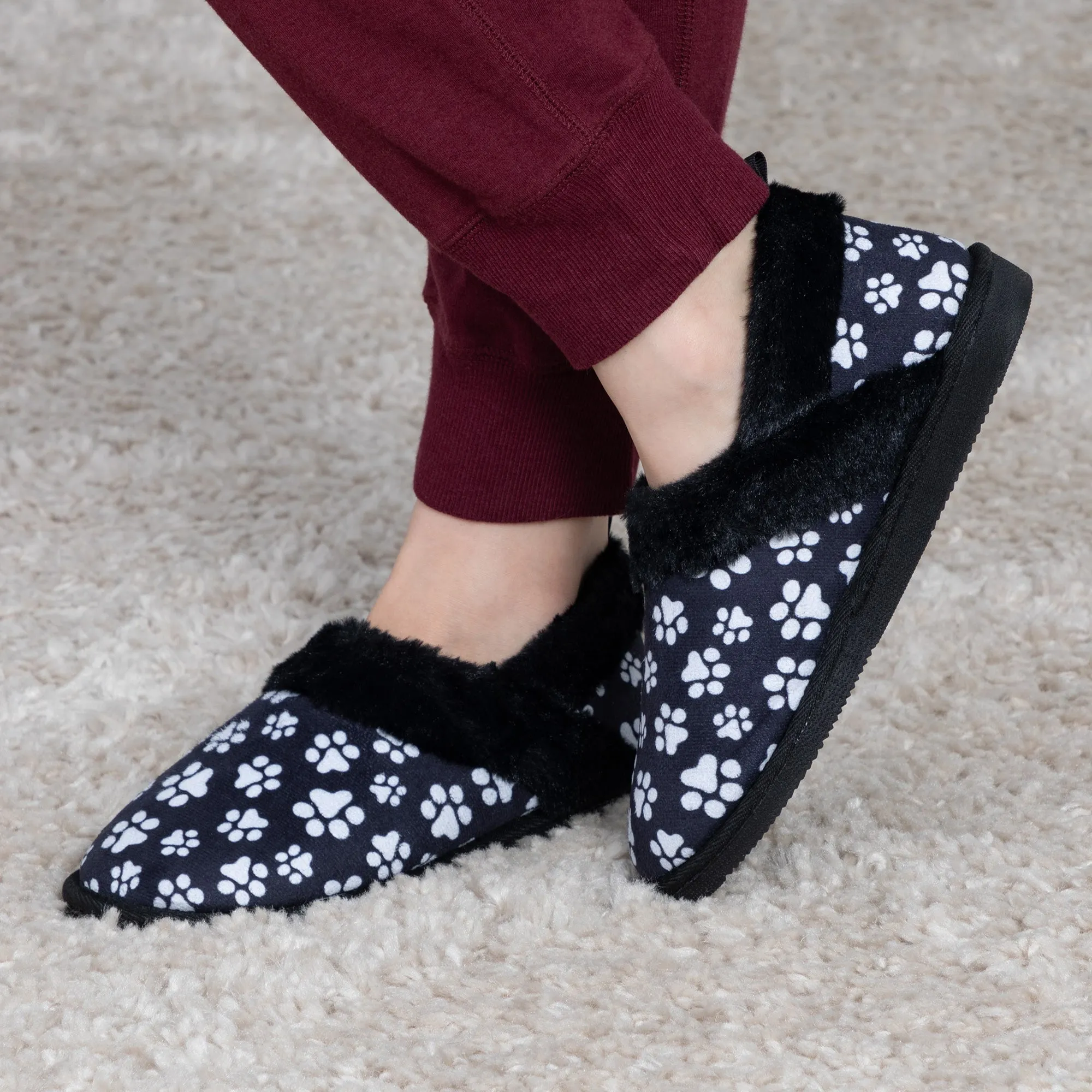Paw Print Faux Fur Lined Indoor/Outdoor Slipper Shoes