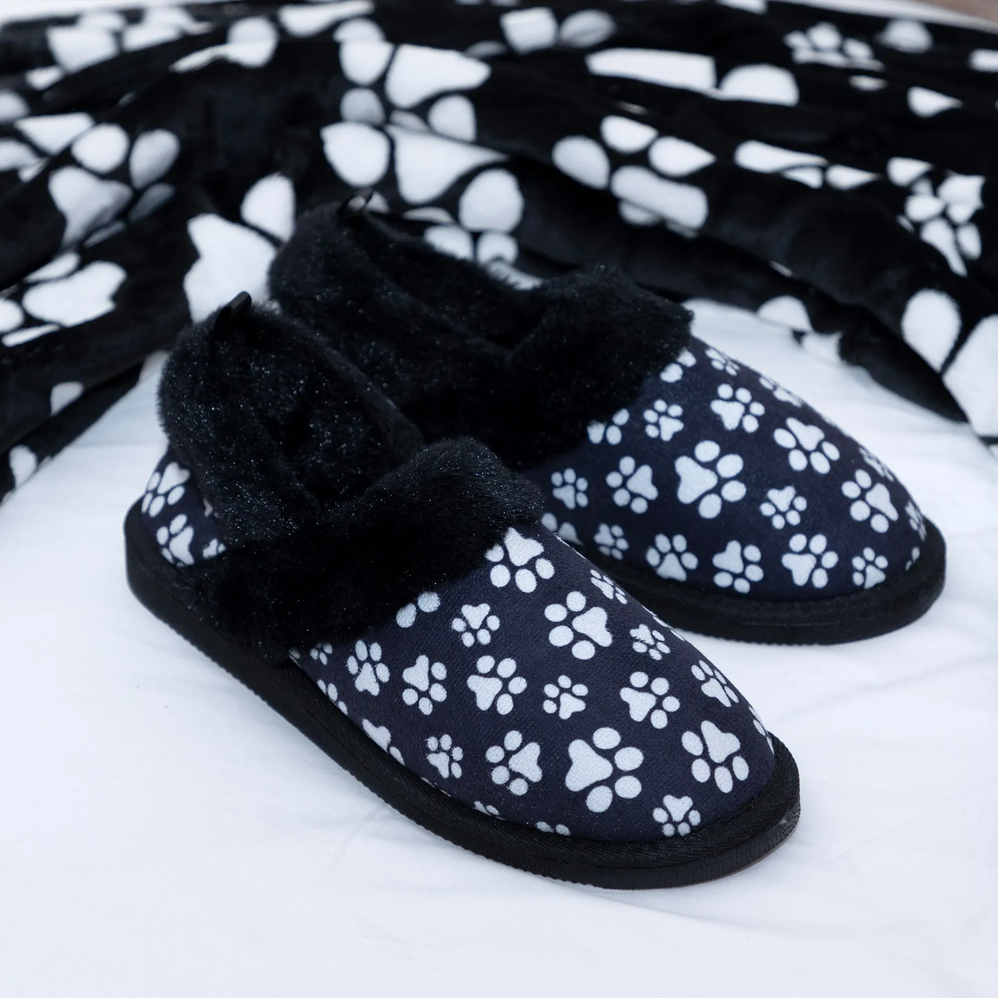 Paw Print Faux Fur Lined Indoor/Outdoor Slipper Shoes