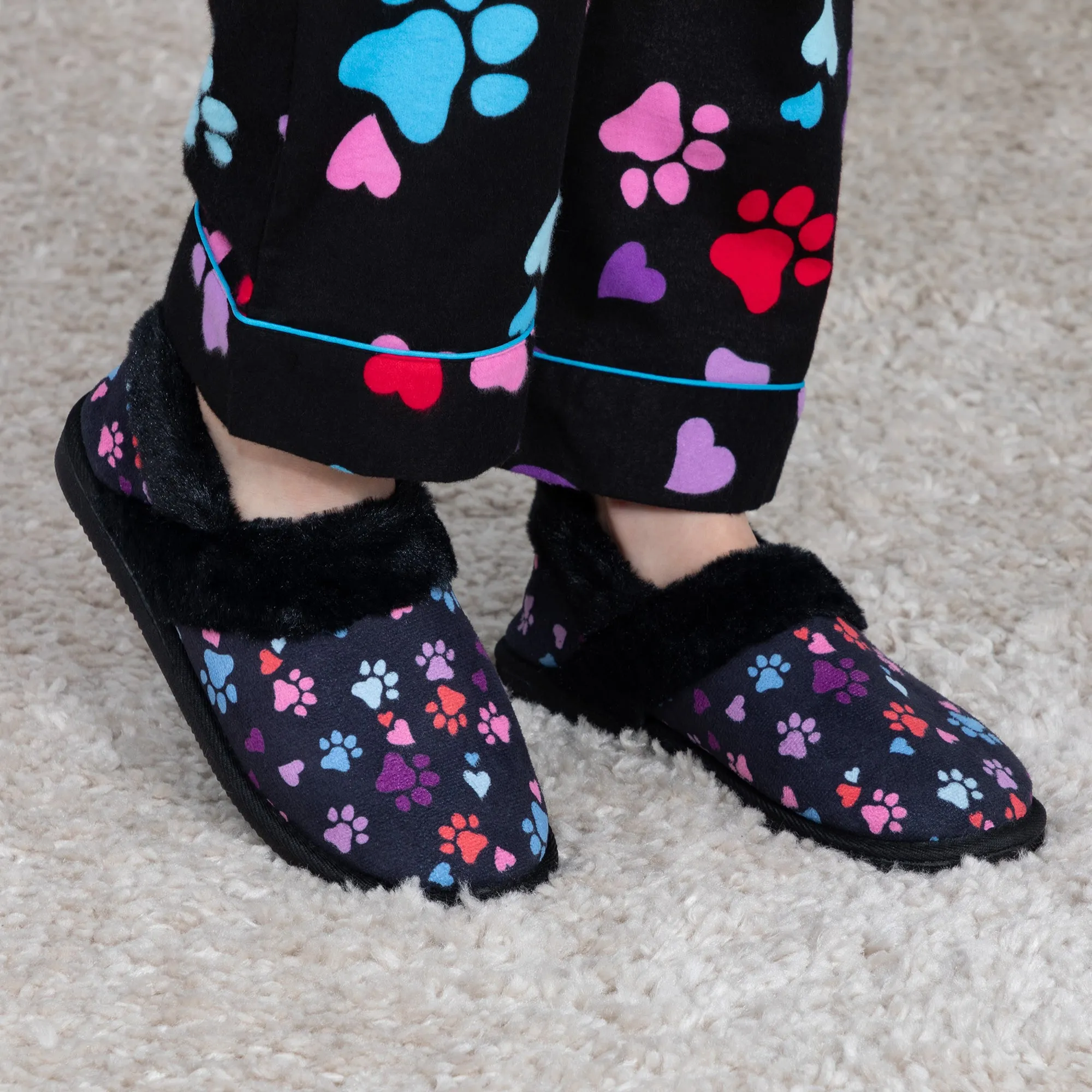Paw Print Faux Fur Lined Indoor/Outdoor Slipper Shoes