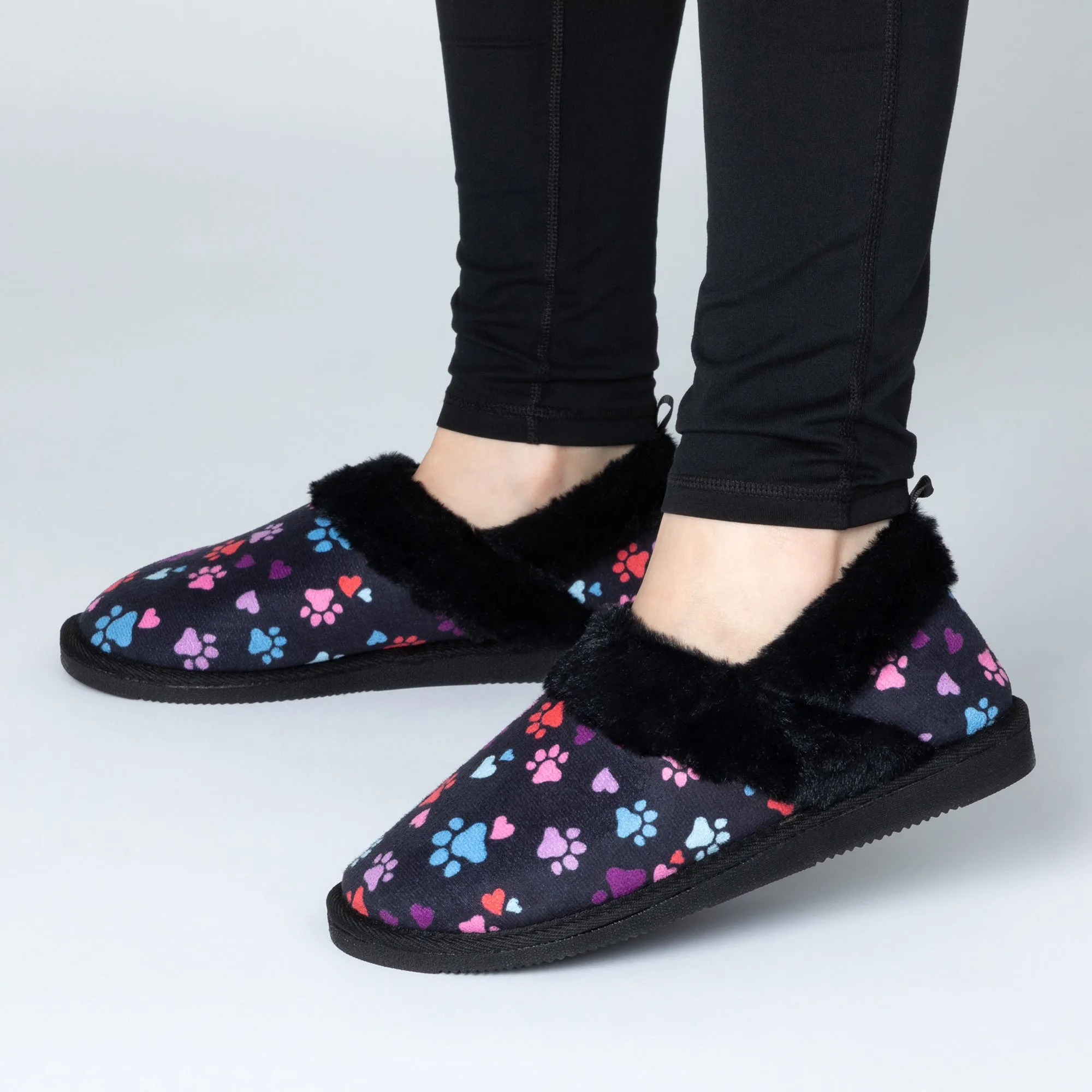 Paw Print Faux Fur Lined Indoor/Outdoor Slipper Shoes