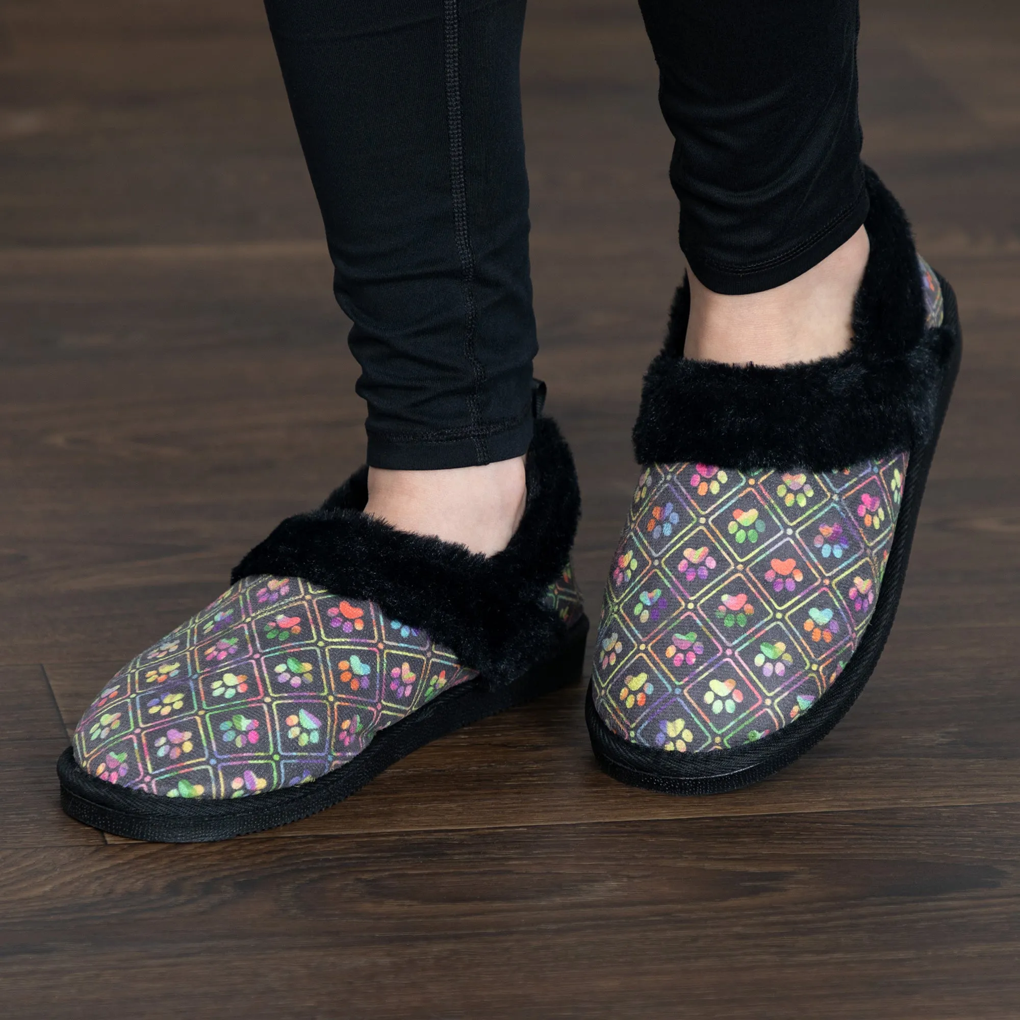 Paw Print Faux Fur Lined Indoor/Outdoor Slipper Shoes