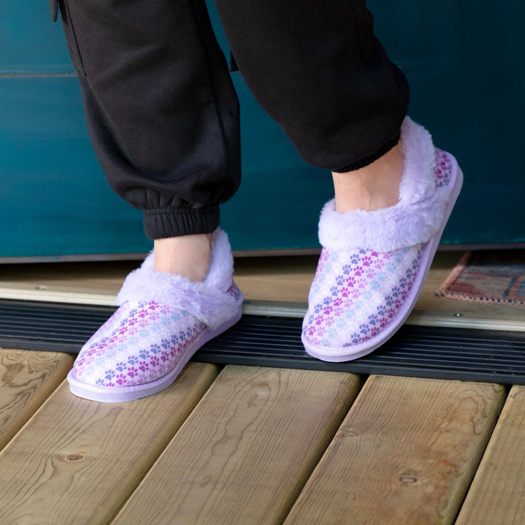 Paw Print Faux Fur Lined Indoor/Outdoor Slipper Shoes