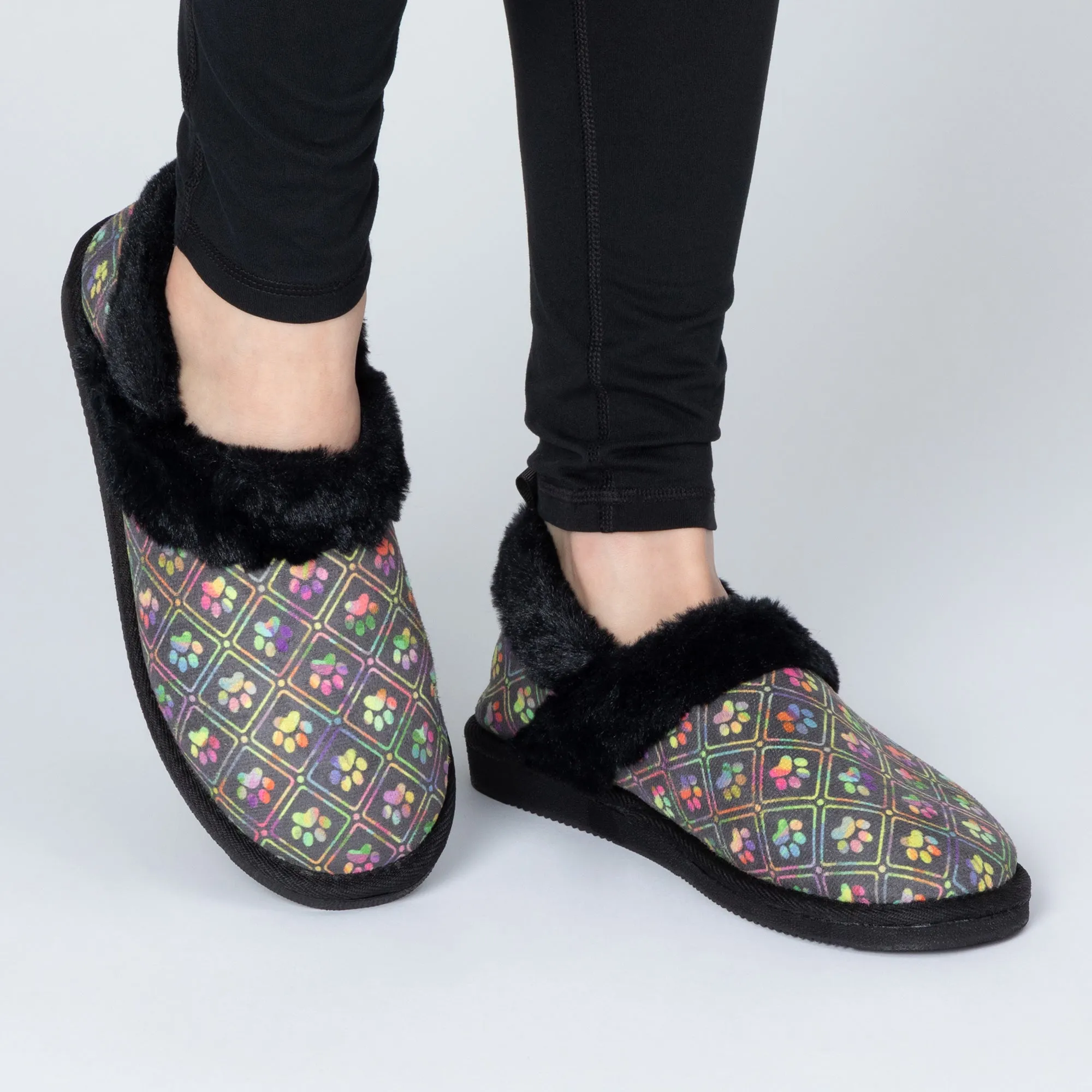 Paw Print Faux Fur Lined Indoor/Outdoor Slipper Shoes