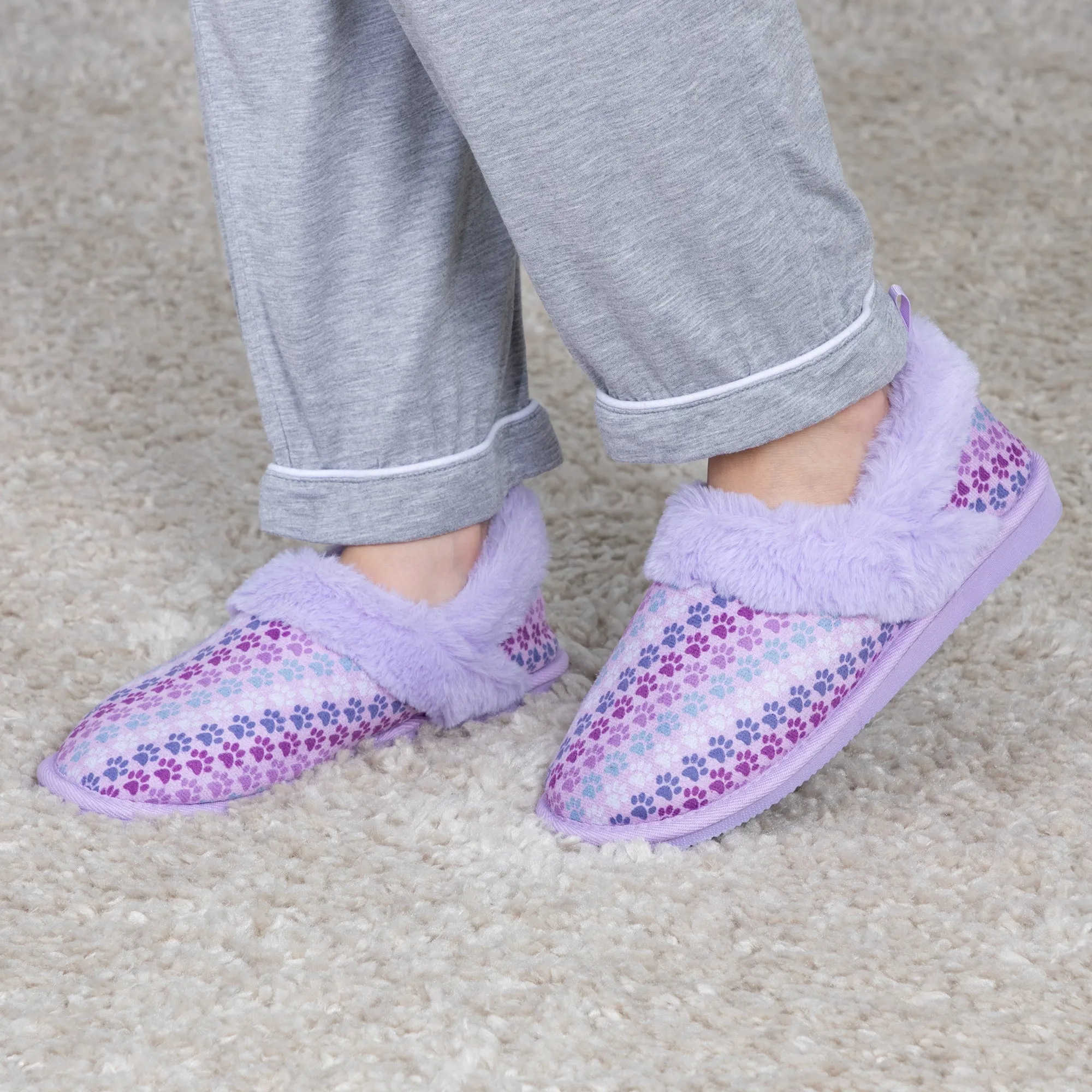 Paw Print Faux Fur Lined Indoor/Outdoor Slipper Shoes