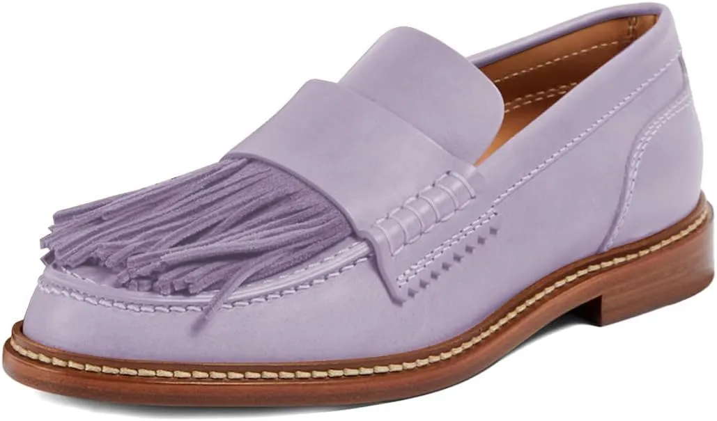 Pazzion Women Retro Closed Round Toe Loafer Flats with Tassels Slip On Low Chunky Heel Fringe Pumps Comfy Prom Event Shoes Size 4-16 US