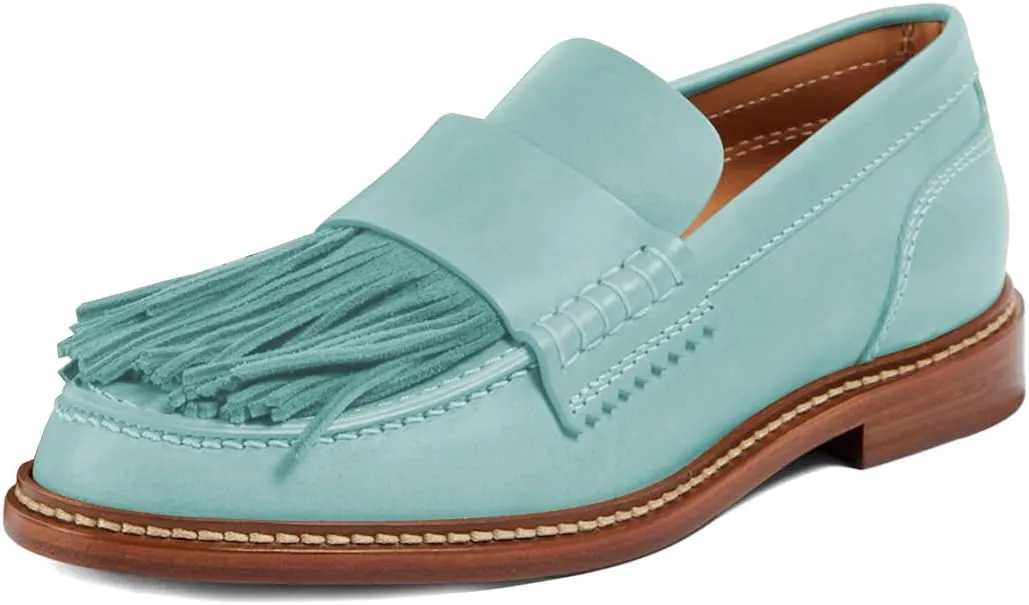 Pazzion Women Retro Closed Round Toe Loafer Flats with Tassels Slip On Low Chunky Heel Fringe Pumps Comfy Prom Event Shoes Size 4-16 US