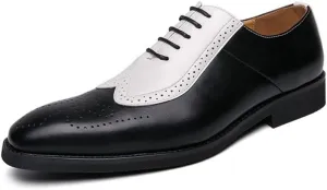 Single Season Formal Shoes for Men Lace Up Two Tone Square Toe Brogue Embossed Wing tip Vegan Leather Block Heel Low Top Anti-Slip Slip Resistant Rubber Sole Very Popular Among Young peop Black White