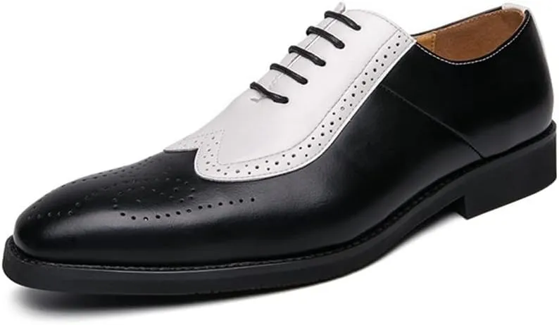Single Season Formal Shoes for Men Lace Up Two Tone Square Toe Brogue Embossed Wing tip Vegan Leather Block Heel Low Top Anti-Slip Slip Resistant Rubber Sole Very Popular Among Young peop Black White