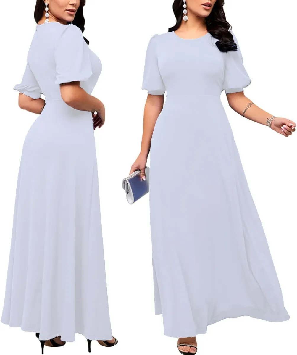 SperLucky Maxi Dresses for Women Elegant Long Dress Short Sleeve Dress Casual Round Neck Floral Print Loose Party Dress