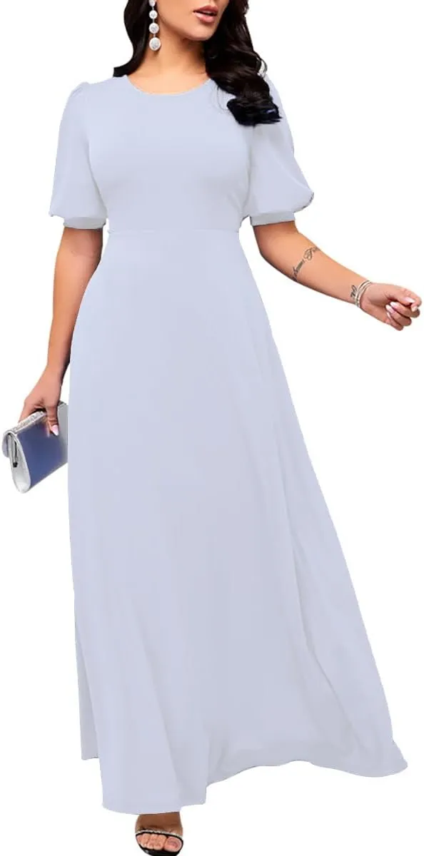 SperLucky Maxi Dresses for Women Elegant Long Dress Short Sleeve Dress Casual Round Neck Floral Print Loose Party Dress