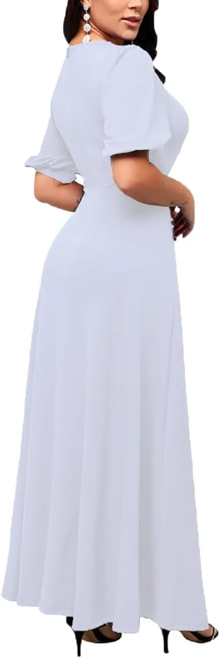 SperLucky Maxi Dresses for Women Elegant Long Dress Short Sleeve Dress Casual Round Neck Floral Print Loose Party Dress