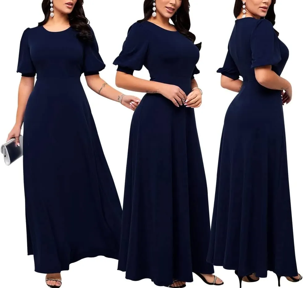 SperLucky Maxi Dresses for Women Elegant Long Dress Short Sleeve Dress Casual Round Neck Floral Print Loose Party Dress