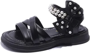 Toddler Kids Flower Girl Sandals Girls Summer Dress Shoes Wedding Party Crossover Straps Casual Pearl Strap Sandals