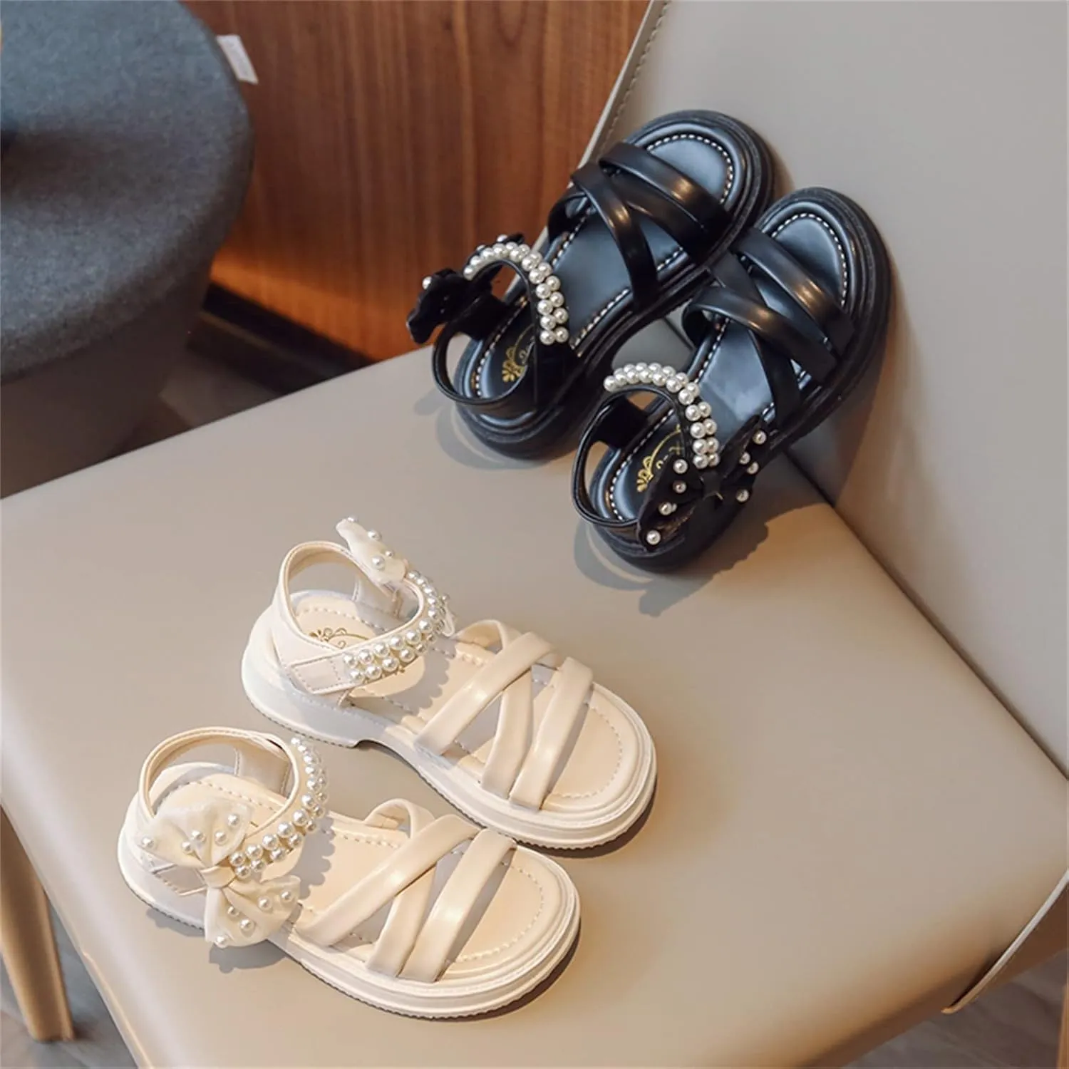 Toddler Kids Flower Girl Sandals Girls Summer Dress Shoes Wedding Party Crossover Straps Casual Pearl Strap Sandals