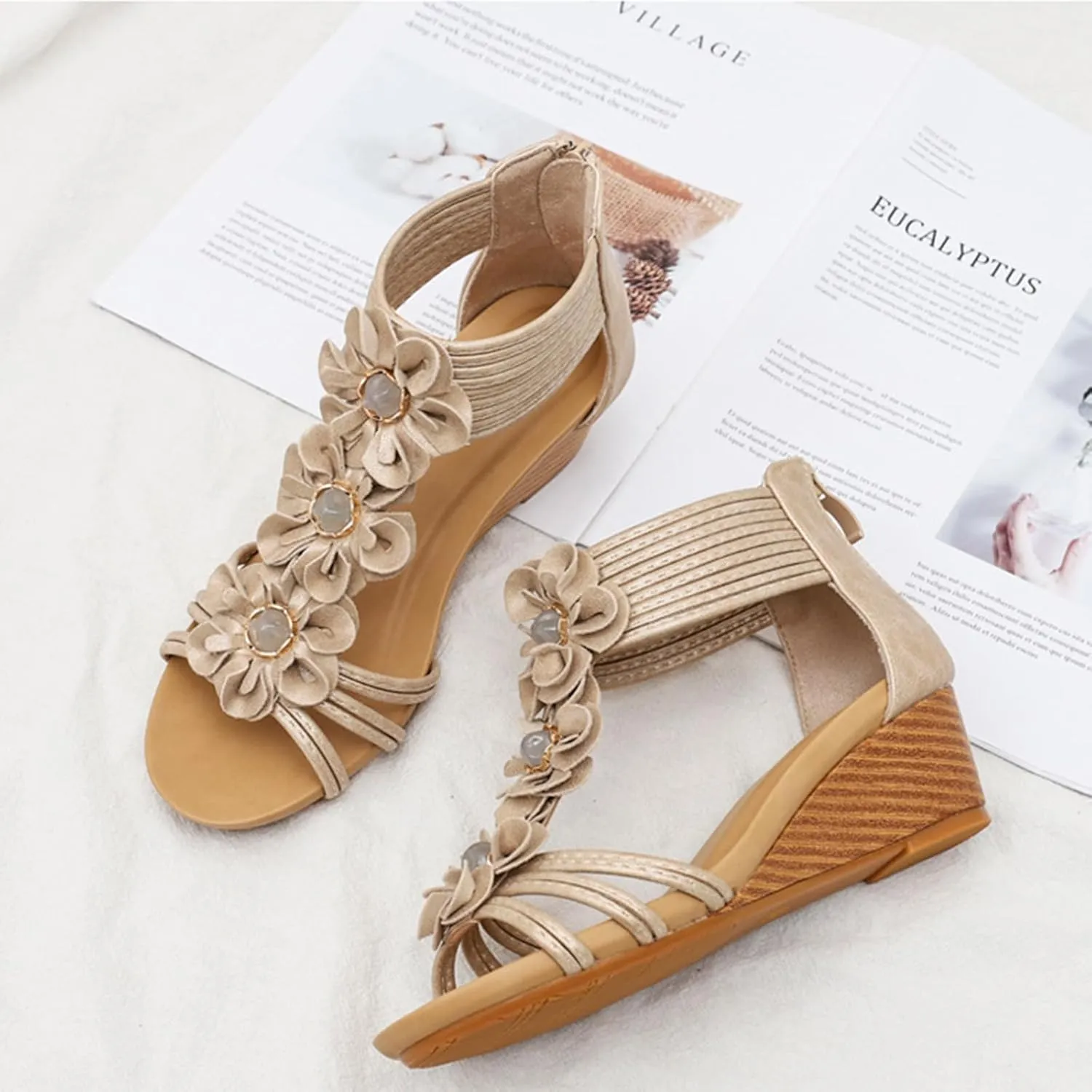 Wedge Sandals for Womens Open Toe Slingback Non Slip Sandals Comfortable Yoga Mat Shoes Fashion Flower Design Lightweight Oceanside Beach Walking Shoes for Summer Outdoor