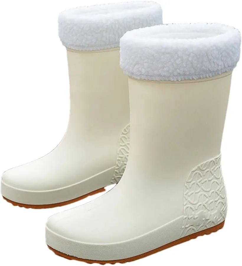 Women Rain Boots Mid-Calf Waterproof Wearresistant Working Water-Proof Shoes Cotton Plus Warm