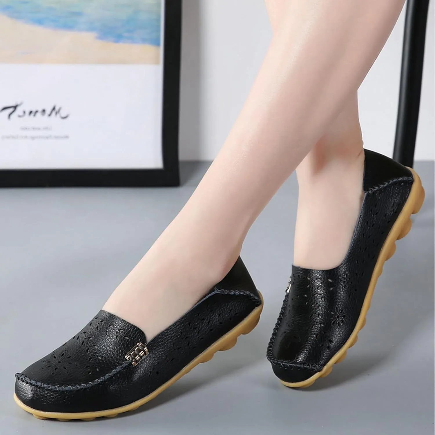 Womens Boat Shoes Comfort Walking Cute Flat Loafer Hollow Flowers Breathable Sandals, Summer Casual Closed Toe Flat Sandals Comfortable Slip On Boat Shoe All Day Comfort