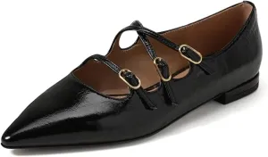 Womens Closed Pointed Toe Mary Jane Flats Cross Strap Buckle Low Heels Shoes for Dancing Ballroom Party Size 4-16 US