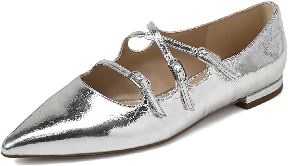 Womens Closed Pointed Toe Mary Jane Flats Cross Strap Buckle Low Heels Shoes for Dancing Ballroom Party Size 4-16 US