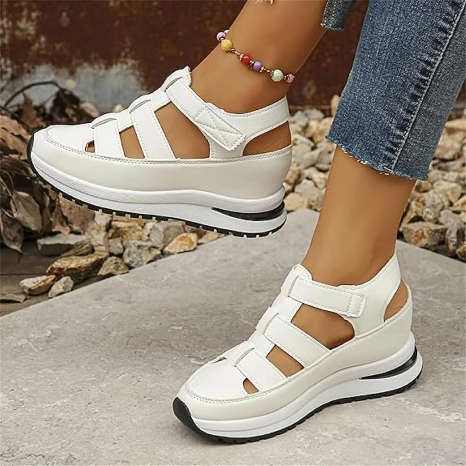 Women's Hollow Out Breathable Platform Wedge Sandals Sneakers, Stylish Closed Toe Sandal Elastic Elastic Band Sandals
