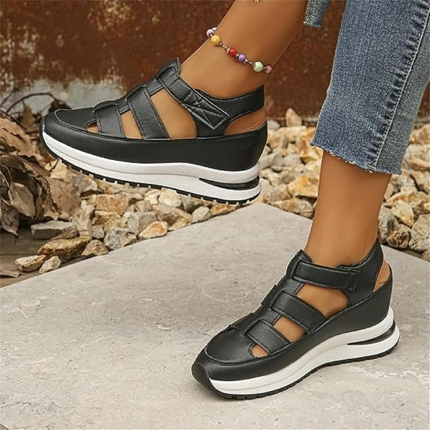 Women's Hollow Out Breathable Platform Wedge Sandals Sneakers, Stylish Closed Toe Sandal Elastic Elastic Band Sandals