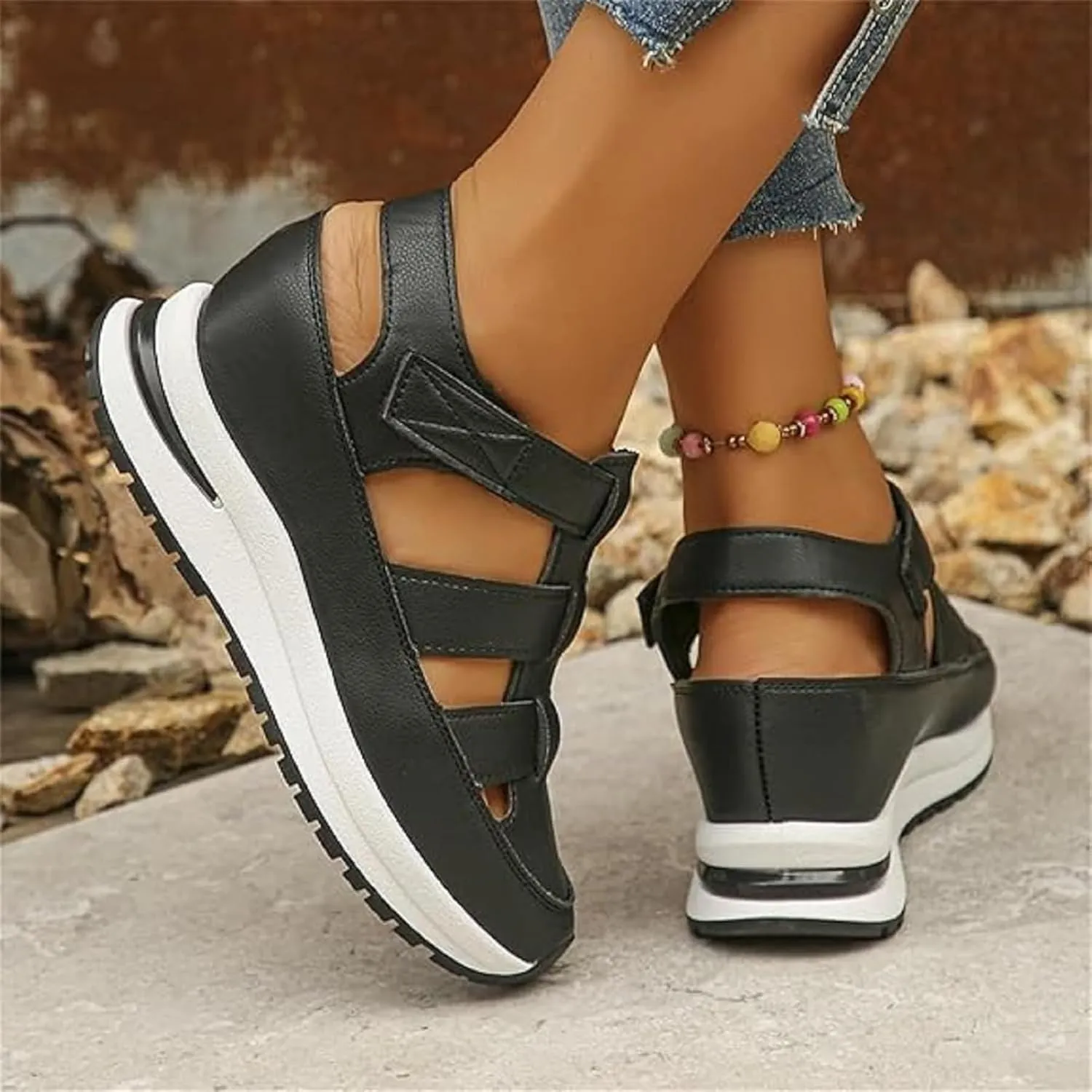 Women's Hollow Out Breathable Platform Wedge Sandals Sneakers, Stylish Closed Toe Sandal Elastic Elastic Band Sandals