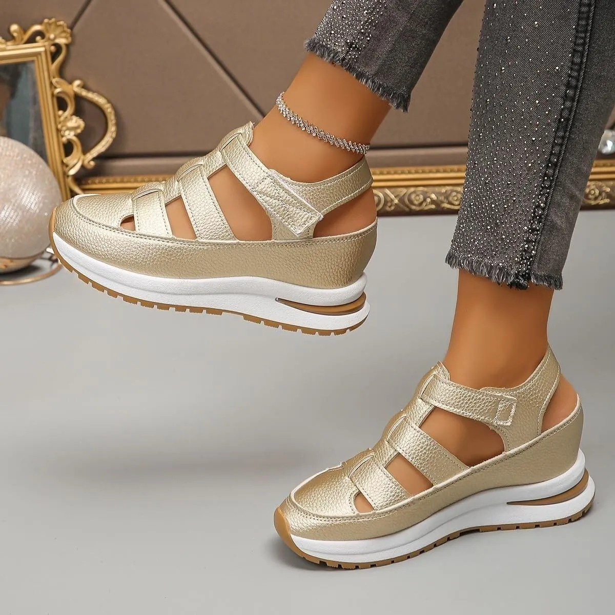 Women's Hollow Out Breathable Platform Wedge Sandals Sneakers, Womens Stylish Closed Toe Roman Sandal Adjustable Strap