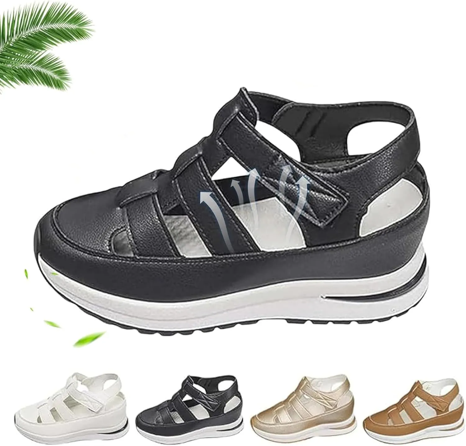 Women's Hollow Out Breathable Platform Wedge Sandals Sneakers, Womens Stylish Closed Toe Roman Sandal Adjustable Strap